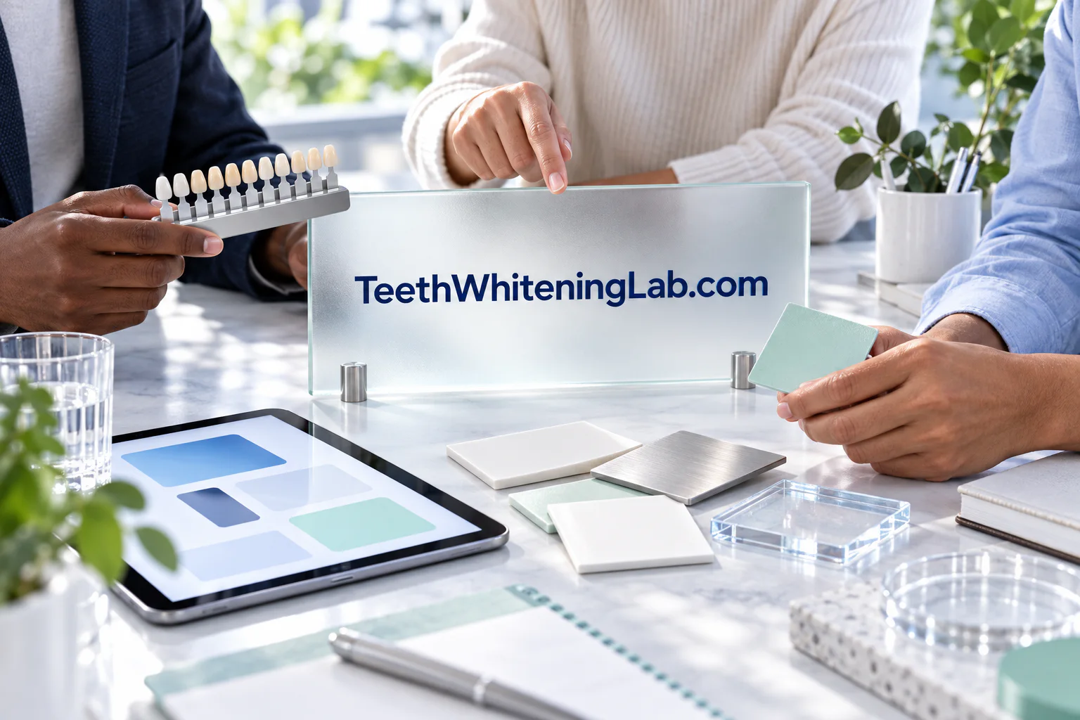 An oral-care planning workspace with a branded notebook