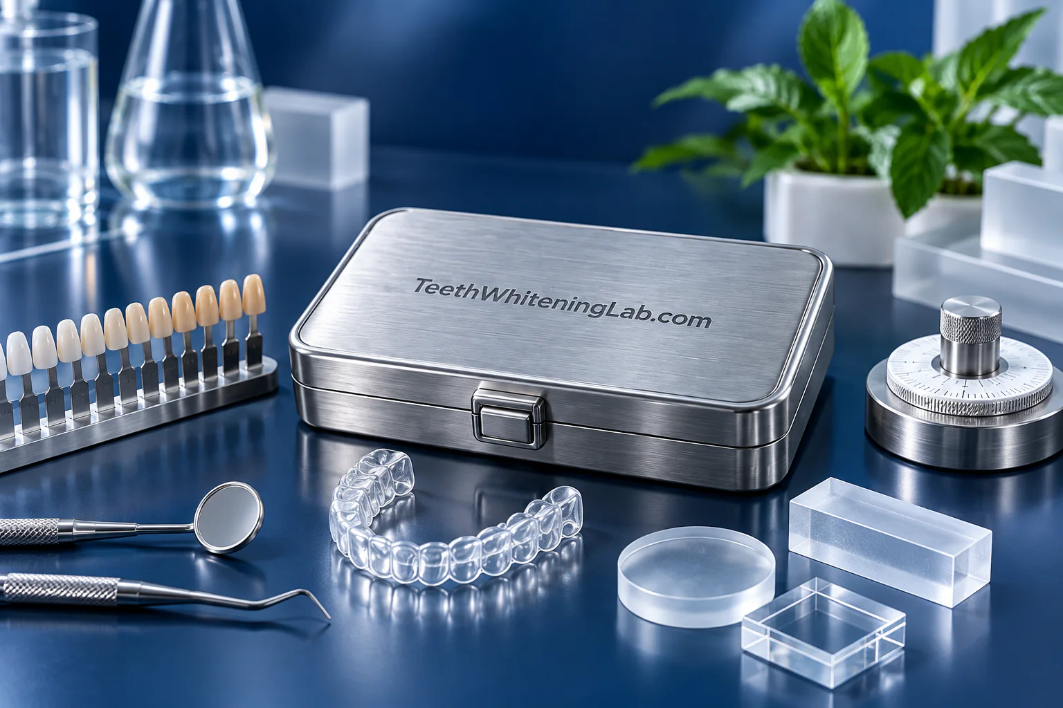 Whitening trays and shade tabs beside a branded steel specimen case