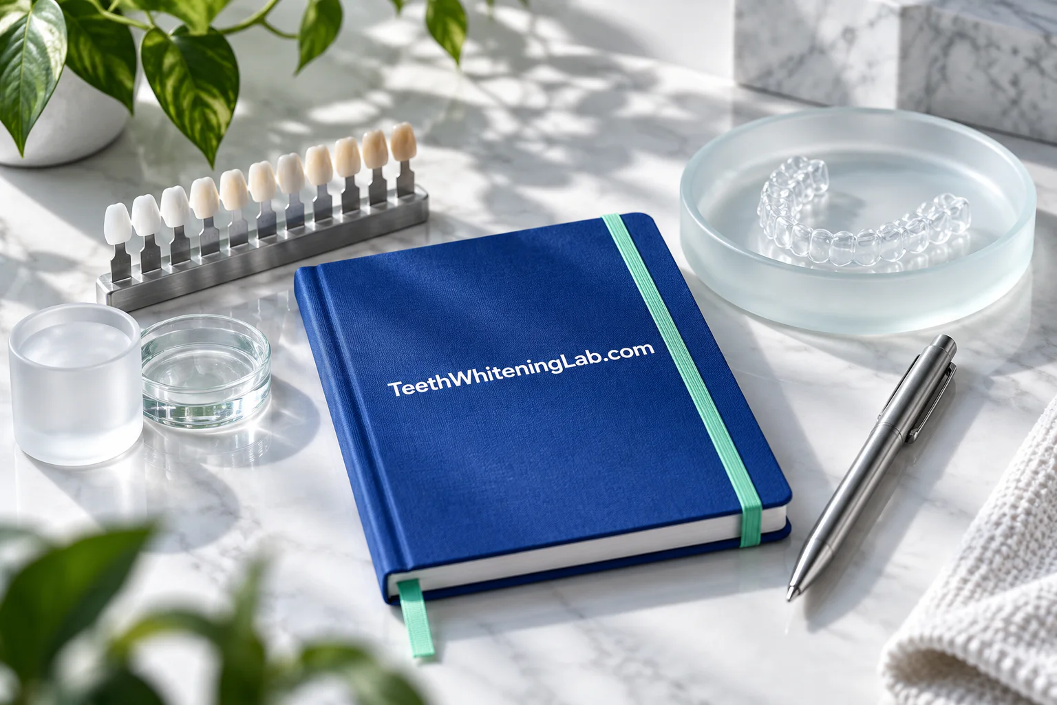 A considered oral-care workspace with the complete domain on a desk plaque